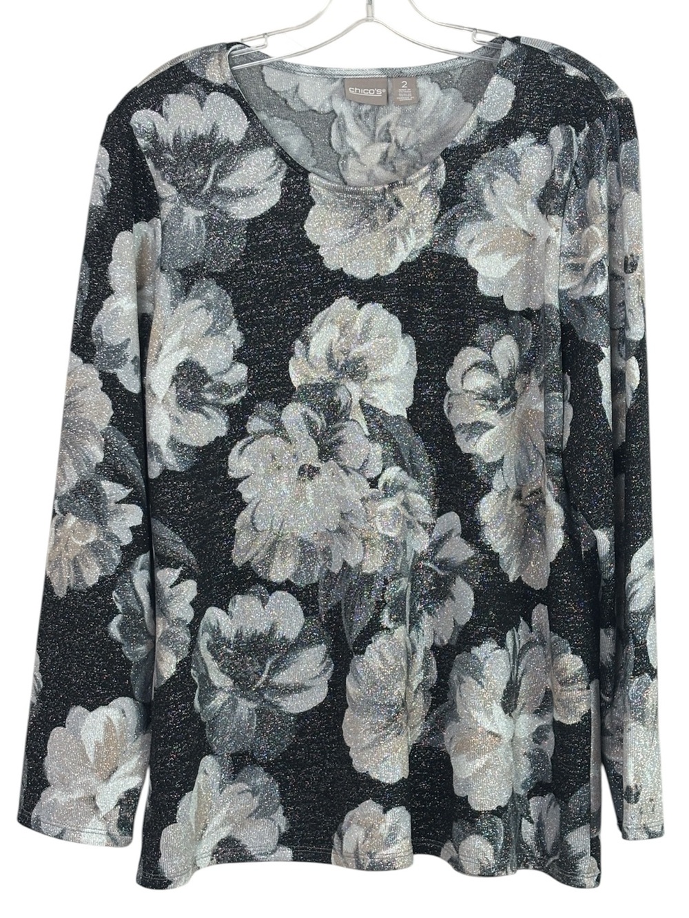 Chico's Black Long-Sleeve Floral Sparkle Top Large